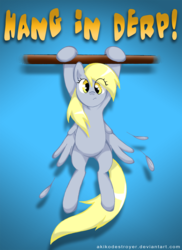 Size: 1294x1779 | Tagged: safe, artist:akikodestroyer, derpy hooves, pegasus, pony, g4, female, hang in there, hanging, mare, solo