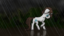 Size: 2880x1620 | Tagged: safe, artist:infinitydash, oc, oc only, oc:infinitydash, pony, unicorn, infinity, male, mud, night, rain, sad, solo, stallion, updated