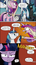 Size: 576x1024 | Tagged: safe, artist:kansomolashi, princess cadance, queen chrysalis, shining armor, twilight sparkle, changeling, hybrid, g4, comic, english, interspecies offspring, offspring, parent:queen chrysalis, parent:shining armor, parents:shining chrysalis, pixiv