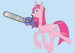 Size: 1050x750 | Tagged: safe, artist:deusexequus, pinkie pie, g4, chainsaw, female, mouth hold, pinkamena diane pie, simple background, solo