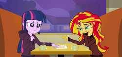 Size: 5067x2400 | Tagged: safe, artist:skycatcherequestria, sunset shimmer, twilight sparkle, equestria girls, g4, clothes, crying, duo, feels, female, high res, hoodie, letter, sunsad shimmer, sweater, table, tea, twilight sparkle (alicorn), window