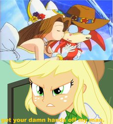 Size: 855x934 | Tagged: source needed, useless source url, safe, artist:brandonale, applejack, equestria girls, g4, anime, appleknux, copy and paste, crossover, female, haters gonna hate, image macro, interspecies, jealous, kissing, knuckles the echidna, love, male, meme, sara (sonic the hedgehog), shipping, sonic ova, sonic the hedgehog (series), straight