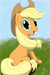 Size: 2400x3600 | Tagged: safe, artist:wonderskoo, applejack, g4, cute, female, high res, looking at you, looking back, sitting, smiling, solo