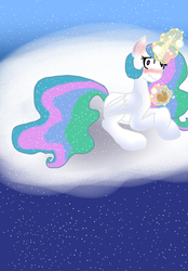 Size: 1024x1470 | Tagged: safe, artist:sunniedoodles, princess celestia, g4, blushing, cloud, cookie, female, magic, prone, solo, telekinesis