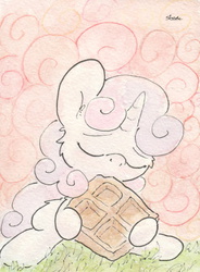 Size: 679x925 | Tagged: safe, artist:slightlyshade, sweetie belle, g4, eating, female, solo, traditional art, waffle