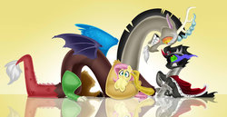 Size: 1280x663 | Tagged: safe, artist:chicajamonxd, discord, fluttershy, king sombra, g4, abuse, flutterbuse, now you fucked up, protecting, you dun goofed