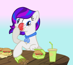 Size: 741x662 | Tagged: safe, artist:monkfishyadopts, oc, oc only, oc:eve softwing, g4, base used, burger, cup, french fries, horseshoe fries, ketchup, messy, solo, table, tomato