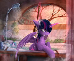 Size: 2000x1650 | Tagged: safe, artist:yakovlev-vad, princess celestia, twilight sparkle, alicorn, duck pony, pony, g4, bath, bathtub, bedroom eyes, brush, brushing, chest fluff, cottagecore, detailed, ear fluff, female, fluffy, glowing, glowing horn, grin, hair over one eye, horn, indoors, levitation, magic, magic aura, mare, shower, smiling, solo, spread wings, swanlestia, telekinesis, twilight sparkle (alicorn), water, wet, wet mane, wings