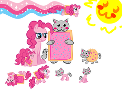 Size: 1119x850 | Tagged: safe, artist:tess, pinkie pie, cat, hybrid, pony, g4, cake, crossover, cute, eating, female, food, interspecies, interspecies offspring, mare, not salmon, nyan cat, offspring, pie, poptart, sitting, wat, what has science done