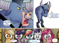 Size: 498x361 | Tagged: safe, artist:agnes garbowska, edit, idw, official comic, applejack, fluttershy, iron will, pinkie pie, rainbow dash, rarity, twilight sparkle, alicorn, pony, friends forever #10, g4, my little pony: friends forever, spoiler:comic, comic, female, implied magical straight spawn, male pregnancy, mane six, mare, pregnant, text edit, twilight sparkle (alicorn)