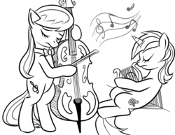 Size: 857x661 | Tagged: safe, artist:explosivegent, lyra heartstrings, octavia melody, pony, g4, bipedal, cello, eyes closed, lyre, monochrome, music, music notes, musical instrument, performance, playing