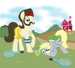 Size: 1169x1059 | Tagged: safe, artist:themuffin, ace point, derpy hooves, pegasus, pony, g4, ball, clothes, facial hair, female, mare, moustache, tennis, tennis ball, tennis racket