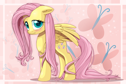 Size: 1500x1000 | Tagged: safe, artist:anthocat, fluttershy, pegasus, pony, g4, blushing, cute, cutie mark, cutie mark background, dragging tail, female, floppy ears, fluttershy's cutie mark, mare, partially open wings, shyabetes, solo, wings