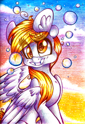 Size: 957x1393 | Tagged: safe, artist:tidalwav-3, derpy hooves, pegasus, pony, g4, bubble, female, mare, sitting, smiling, solo, traditional art