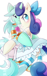 Size: 1200x1920 | Tagged: safe, artist:amberdragonling, bon bon, lyra heartstrings, sweetie drops, earth pony, pony, unicorn, g4, anarchy panty, anarchy stocking, bipedal, bon butt, butt, clothes, costume, crossover, eyes closed, female, lesbian, panty and stocking with garterbelt, plot, ship:lyrabon, shipping, simple background, smiling, stockings, thigh highs