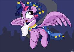 Size: 900x636 | Tagged: dead source, safe, artist:mistydash, star swirl the bearded, twilight sparkle, alicorn, pony, g4, beard, cape, clothes, costume, female, flying, hat, mare, solo, spread wings, twilight sparkle (alicorn)