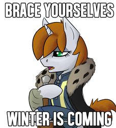 Size: 1144x1252 | Tagged: safe, artist:toasterrepairunit, oc, oc only, oc:littlepip, pony, unicorn, fallout equestria, ask-littlepip, brace yourselves, clothes, eyeshadow, fanfic, fanfic art, female, game of thrones, hooves, horn, jumpsuit, makeup, mare, ned stark, open mouth, pipbuck, pipleg, ponified meme, simple background, solo, text, tumblr, vault suit, white background