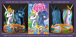 Size: 1250x612 | Tagged: dead source, safe, artist:andy price, artist:emilysculpts, idw, princess celestia, princess luna, alicorn, bird, blue jay, pony, g4, craft, idw advertisement, sculpture, traditional art