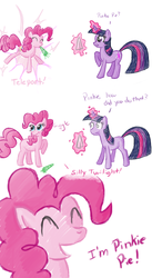Size: 1024x1863 | Tagged: safe, artist:feather, pinkie pie, twilight sparkle, g4, comic, dialogue, duo, eyes closed, levitation, magic, teleportation