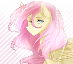 Size: 1926x1680 | Tagged: source needed, useless source url, safe, artist:cristate, fluttershy, butterfly, pegasus, pony, g4, alternate hairstyle, chains, female, mare, one eye closed, solo, striped background