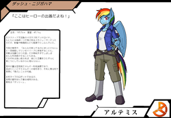 Size: 1300x900 | Tagged: safe, artist:tetsutowa, rainbow dash, anthro, g4, female, japanese, pixiv, solo