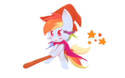 Size: 702x437 | Tagged: safe, artist:joycall6, rainbow dash, g4, blushing, broom, cape, clothes, costume, female, flying, flying broomstick, happy, hat, simple background, smiling, solo, stars, white background, witch hat