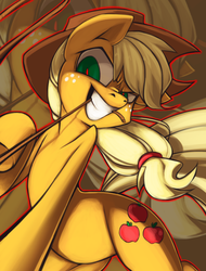 Size: 898x1181 | Tagged: safe, artist:kelcasual, applejack, earth pony, pony, g4, evil smile, female, freckles, grin, hat, mare, rope, smiling, solo