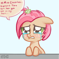 Size: 740x750 | Tagged: safe, artist:mcponyponypony, babs seed, cheerilee, diamond tiara, earth pony, pony, g4, adorababs, big eyes, blushing, bubblegum in hair, crying, cute, dialogue, female, frown, gum, lip bite, messy mane, sad, solo