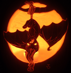 Size: 850x876 | Tagged: safe, artist:johwee, fluttershy, bat pony, g4, craft, female, flutterbat, jack-o-lantern, prehensile tail, pumpkin, solo, tail