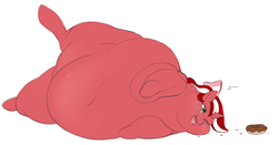 Size: 1191x625 | Tagged: safe, artist:redintravenous, oc, oc only, oc:red ribbon, pony, unicorn, belly, belly button, bow, chubby cheeks, crumbs, donut, drool, fat, female, food, freckles, hair bow, mare, morbidly obese, obese, on side, simple background, solo, white background