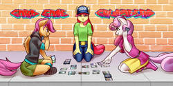 Size: 3000x1500 | Tagged: safe, artist:mrw32, apple bloom, scootaloo, sweetie belle, earth pony, anthro, g4, card game, clothes, cutie mark crusaders, equestria girls outfit, freckles, graffiti, skirt