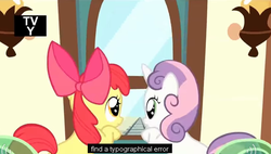 Size: 606x345 | Tagged: safe, screencap, apple bloom, sweetie belle, flight to the finish, g4, meme, tv rating, youtube caption