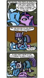 Size: 500x886 | Tagged: safe, artist:foudubulbe, maud pie, trixie, twilight sparkle, pony, unicorn, comic:damp rocks, g4, comic, crying, curb stomp, dream, eyes closed, female, hallucination, heart, kissing, lesbian, mare, meme, out of character, ship:mauxie, ship:twixie, shipping, squished, waifu thief