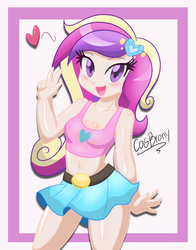 Size: 856x1091 | Tagged: safe, artist:danmakuman, artist:thebrokencog, princess cadance, human, g4, belly button, belt, blushing, cleavage, clothes, collarbone, cute, cutedance, cutie mark, female, hairclip, heart, humanized, looking at you, midriff, miniskirt, open mouth, peace sign, skirt, smiling, solo, tank top