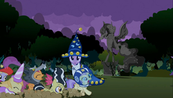 Size: 1366x768 | Tagged: safe, screencap, alula, apple bloom, dinky hooves, noi, pluto, scootaloo, star swirl the bearded, twilight sparkle, werewolf, g4, luna eclipsed, clothes, costume, firefighter, helmet, statue