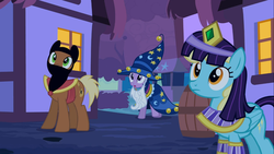 Size: 1366x768 | Tagged: safe, screencap, meadow song, sassaflash, star swirl the bearded, twilight sparkle, earth pony, pegasus, pony, g4, luna eclipsed, cleopatra, clothes, cosplay, costume, female, hat, male, mare, nightmare night costume, ninja, stallion, star swirl the bearded costume, twilight the bearded, wig, wizard hat