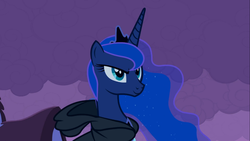 Size: 1366x768 | Tagged: safe, screencap, princess luna, alicorn, pony, g4, luna eclipsed, clothes, cloud, confident, female, hoodie, jewelry, looking up, mare, night, nightmare night, regalia, smiling, smirk, solo