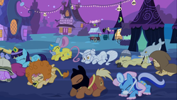 Size: 1366x768 | Tagged: safe, screencap, berry punch, berryshine, candy mane, cloud kicker, dizzy twister, goldengrape, lemon hearts, meadow song, minuette, orange swirl, sassaflash, sir colton vines iii, earth pony, mouse, pegasus, pony, unicorn, g4, luna eclipsed, animal costume, background pony, clothes, costume, crouching, dentist, ermac, eyes closed, fake ears, female, male, mare, mortal kombat, mouse costume, mummy, nightmare night, nightmare night costume, ninja, scared, stallion, wig