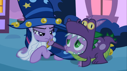 Size: 1366x768 | Tagged: safe, screencap, spike, star swirl the bearded, twilight sparkle, g4, luna eclipsed, clothes, costume