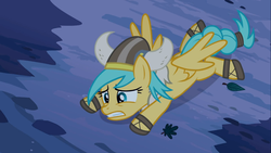 Size: 1366x768 | Tagged: safe, screencap, sunshower raindrops, pegasus, pony, g4, luna eclipsed, braid, braided tail, clothes, costume, female, gritted teeth, helmet, horned helmet, leaf, leaves, lying down, mare, night, nightmare night, nightmare night costume, partially open wings, prone, shoes, solo, sploot, tail, teeth, viking, viking helmet, wings