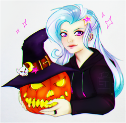 Size: 3324x3240 | Tagged: dead source, safe, artist:slyblue7, trixie, human, g4, female, high res, humanized, jack-o-lantern, nightmare night, pumpkin, solo