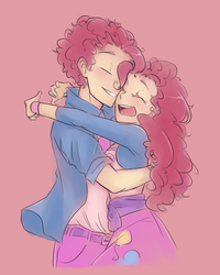 Size: 1024x1280 | Tagged: safe, artist:annie-aya, pinkie pie, equestria girls, g4, bubble berry, clothes, duo, embrace, equestria girls outfit, equestria guys, female, hug, humanized, male, rule 63, self ponidox, selfcest, ship:bubblepie, shipping, straight