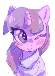 Size: 603x825 | Tagged: safe, artist:mewball, twilight sparkle, pony, unicorn, g4, :>, blushing, clothes, cute, female, heart, heart eyes, looking at you, mare, one eye closed, portrait, scarf, simple background, smiling, solo, twiabetes, unicorn twilight, white background, wingding eyes, wink