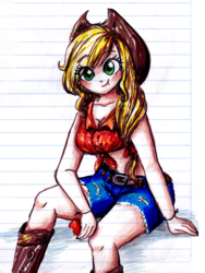 Size: 1500x2000 | Tagged: safe, artist:cosmicponye, applejack, human, g4, belly button, clothes, daisy dukes, female, front knot midriff, humanized, midriff, obligatory apple, solo, traditional art