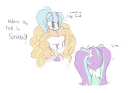 Size: 1254x918 | Tagged: safe, artist:jankrys00, adagio dazzle, aria blaze, sonata dusk, equestria girls, g4, dialogue, hammerspace, hammerspace hair, palindrome get, the dazzlings, trio