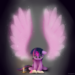 Size: 3000x3000 | Tagged: safe, artist:frostykat13, twilight sparkle, alicorn, pony, g4, book, candle, female, filly, foreshadowing, high res, mare, reading, solo, twilight sparkle (alicorn), wings, younger