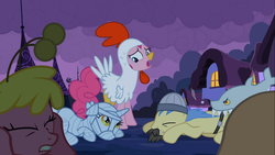 Size: 1366x768 | Tagged: safe, screencap, cherry berry, goldengrape, green grapes, lyra heartstrings, pinkie pie, sir colton vines iii, earth pony, pony, unicorn, g4, luna eclipsed, animal costume, bee costume, chicken pie, chicken suit, clothes, costume, cowering, female, male, mare, mummy costume, nightmare night costume, stallion