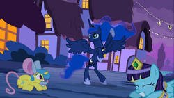 Size: 1366x768 | Tagged: safe, screencap, lemon hearts, princess luna, sassaflash, pony, g4, luna eclipsed, background pony, clothes, costume, crouching, ethereal mane, eyes closed, fake ears, female, mare, mouse costume, night, nightmare night, nightmare night costume, rearing, scared, spread wings, starry mane, wig, wings