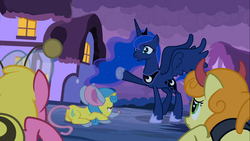 Size: 1366x768 | Tagged: safe, screencap, carrot top, cherry berry, golden harvest, lemon hearts, princess luna, alicorn, pony, unicorn, g4, luna eclipsed, background pony, butt, clothes, costume, crouching, ethereal mane, fake ears, female, mare, mouse costume, night, nightmare night, nightmare night costume, plot, raised hoof, scared, starry mane