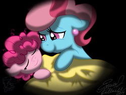 Size: 3200x2400 | Tagged: safe, artist:emr0304, cup cake, pinkie pie, g4, blanket, cute, daaaaaaaaaaaw, diapinkes, eyes closed, fanfic, fanfic art, filly, floppy ears, high res, how a pie became a cake, messy mane, sleeping, smiling, younger